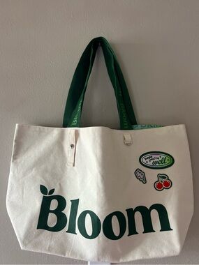bloom Cream Canvas Tote with Dark Green Logo and Straps